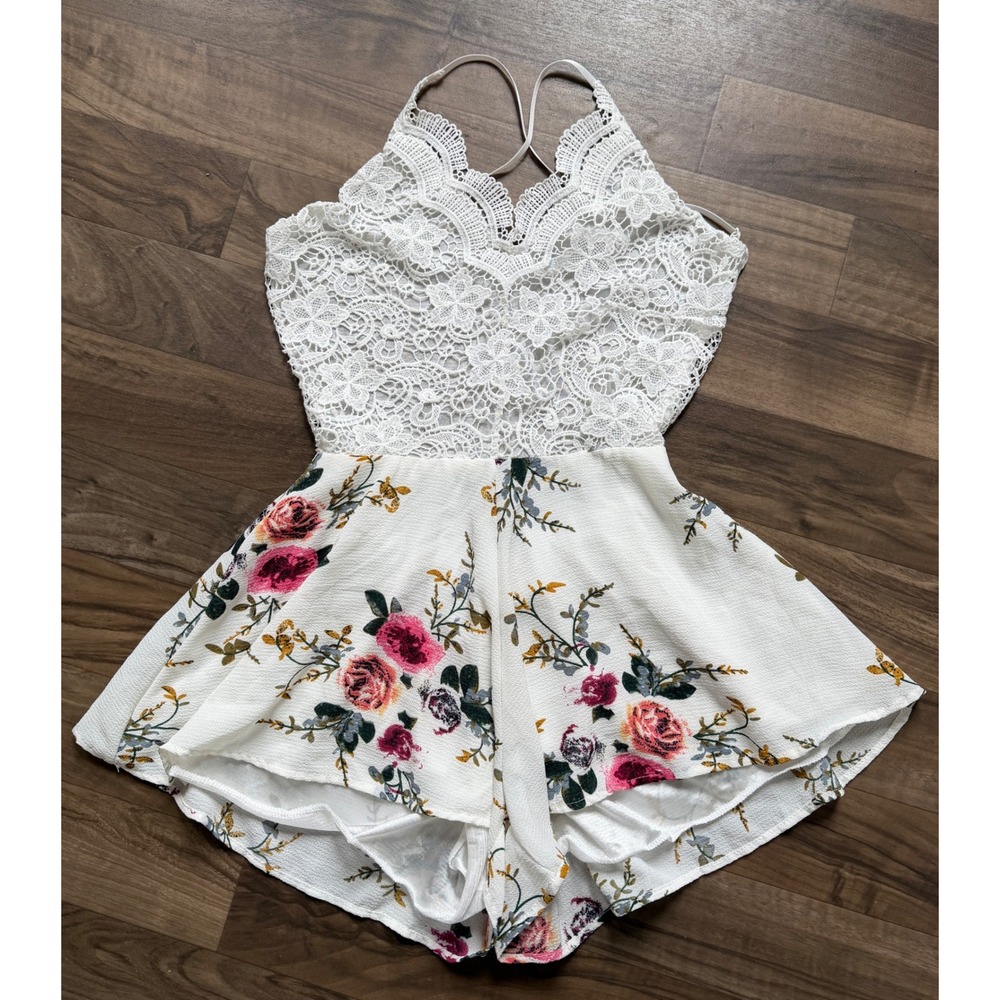Floral Lace Romper Womens M Ivory Boho Cottage Spring Garden Coquette Romantic